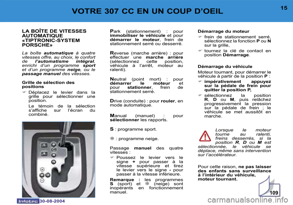 Peugeot 307 CC 2004.5  Manuel du propriétaire (in French) �1�0�9
�1�4
�3�0�-�0�8�-�2�0�0�4
�1�5
�3�0�-�0�8�-�2�0�0�4
�V�O�T�R�E� �3�0�7� �C�C� �E�N� �U�N� �C�O�U�P� �D�’�O�E�I�L
�L�A� �B�O�Î�T�E� �D�E� �V�I�T�E�S�S�E�S�  
�A�U�T�O�M�A�T�I�Q�U�E� 
�«�T�I�