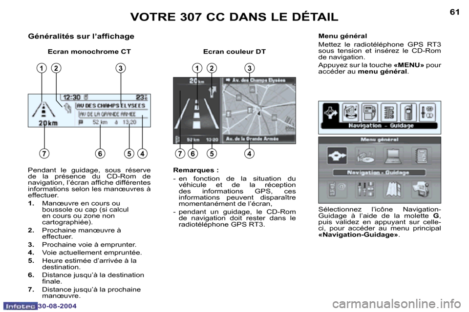 Peugeot 307 CC 2004.5  Manuel du propriétaire (in French) �6�0
�3�0�-�0�8�-�2�0�0�4
�6�1
�3�0�-�0�8�-�2�0�0�4
�G�é�n�é�r�a�l�i�t�é�s� �s�u�r� �l�’�a�f�i�c�h�a�g�e
�E�c�r�a�n� �m�o�n�o�c�h�r�o�m�e� �C�T �E�c�r�a�n� �c�o�u�l�e�u�r� �D�T�M�e�n�u� �g�é�n�