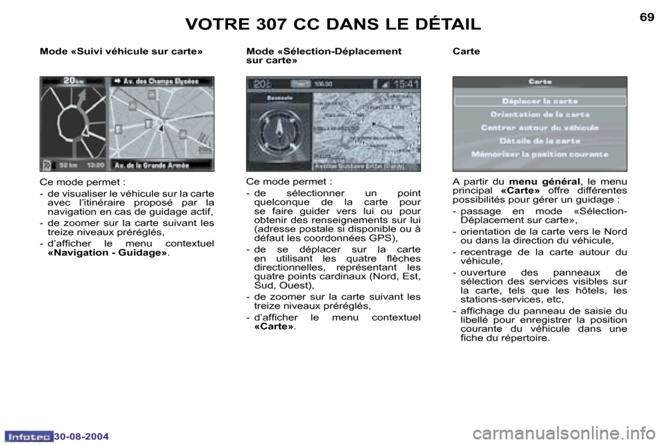 Peugeot 307 CC 2004.5  Manuel du propriétaire (in French) �6�8
�3�0�-�0�8�-�2�0�0�4
�6�9
�3�0�-�0�8�-�2�0�0�4
�V�O�T�R�E� �3�0�7� �C�C� �D�A�N�S� �L�E� �D�É�T�A�I�L
�M�o�d�e� �«�S�é�l�e�c�t�i�o�n�-�D�é�p�l�a�c�e�m�e�n�t�  
�s�u�r� �c�a�r�t�e�» 
�C�e� �m