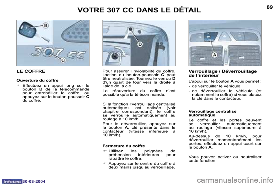 Peugeot 307 CC 2004.5  Manuel du propriétaire (in French) �8�8
�3�0�-�0�8�-�2�0�0�4
�8�9
�3�0�-�0�8�-�2�0�0�4
�V�O�T�R�E� �3�0�7� �C�C� �D�A�N�S� �L�E� �D�É�T�A�I�L
�L�E� �C�O�F�F�R�E
�O�u�v�e�r�t�u�r�e� �d�u� �c�o�f�f�r�e�  
�F � �E�f�f�e�c�t�u�e�z�  �u�n�