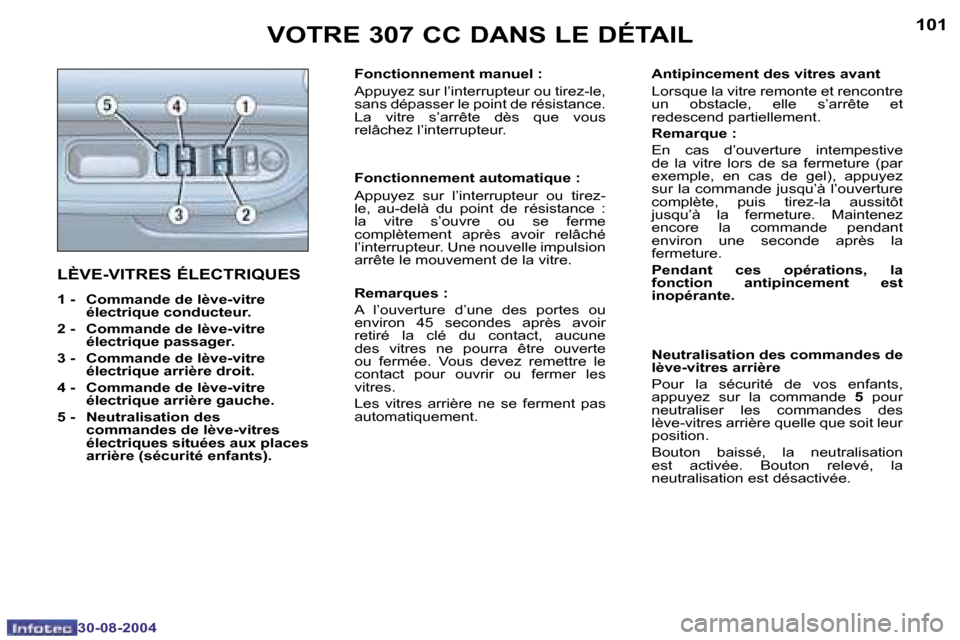 Peugeot 307 CC 2004.5  Manuel du propriétaire (in French) �1�0�0
�3�0�-�0�8�-�2�0�0�4
�1�0�1
�3�0�-�0�8�-�2�0�0�4
�L�È�V�E�-�V�I�T�R�E�S� �É�L�E�C�T�R�I�Q�U�E�S
�1� �-� �  �C�o�m�m�a�n�d�e� �d�e� �l�è�v�e�-�v�i�t�r�e� �é�l�e�c�t�r�i�q�u�e� �c�o�n�d�u�c�t