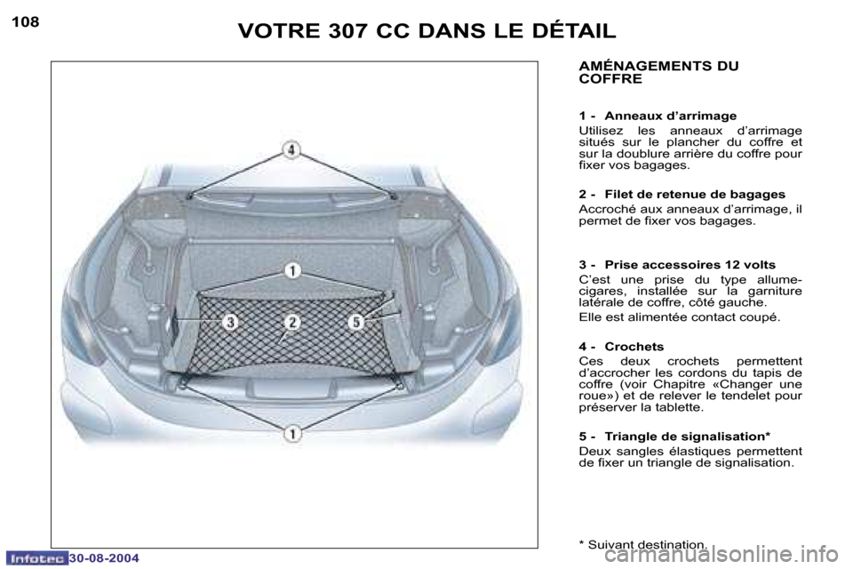 Peugeot 307 CC 2004.5  Manuel du propriétaire (in French) �1�0�8
�3�0�-�0�8�-�2�0�0�4
�1�0�9
�3�0�-�0�8�-�2�0�0�4
�V�O�T�R�E� �3�0�7� �C�C� �D�A�N�S� �L�E� �D�É�T�A�I�L�A�M�É�N�A�G�E�M�E�N�T�S� �D�U�  
�C�O�F�F�R�E
�1� �-�  �A�n�n�e�a�u�x� �d�’�a�r�r�i�m