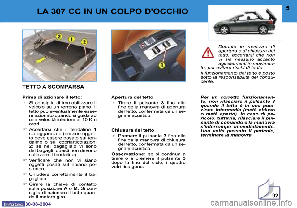 Peugeot 307 CC 2004.5  Manuale del proprietario (in Italian) �9�2
�4
�3�0�-�0�8�-�2�0�0�4
�5
�3�0�-�0�8�-�2�0�0�4
�L�A� �3�0�7� �C�C� �I�N� �U�N� �C�O�L�P�O� �D��O�C�C�H�I�O
�T�E�T�T�O� �A� �S�C�O�M�P�A�R�S�A
�P�r�i�m�a� �d�i� �a�z�i�o�n�a�r�e� �i�l� �t�e�t�t�