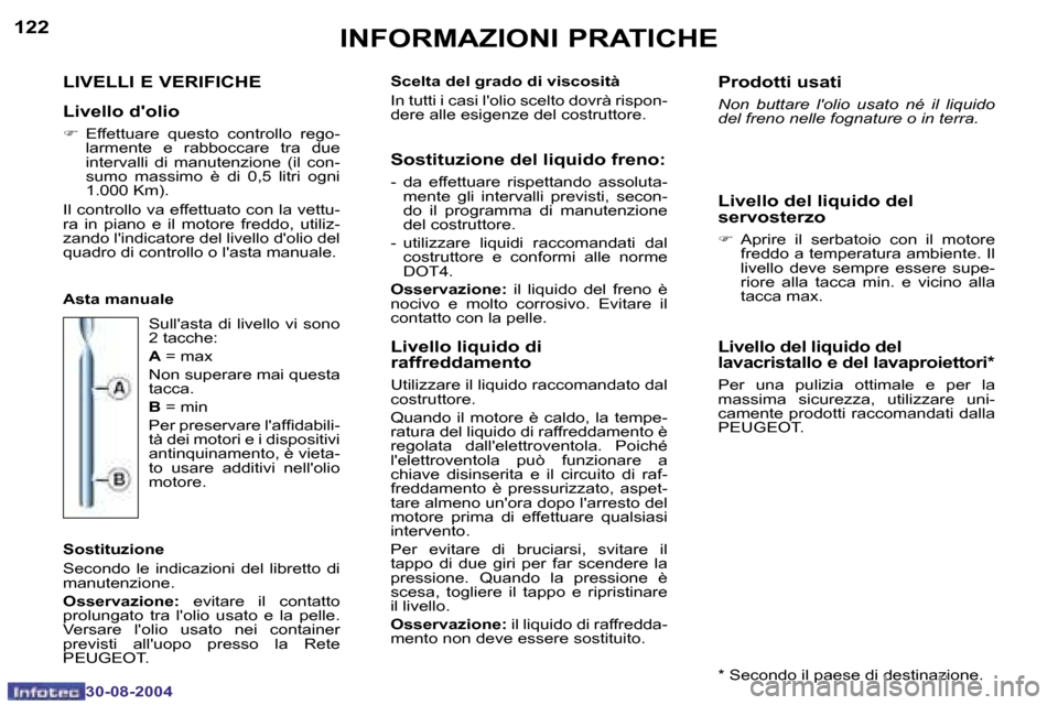 Peugeot 307 CC 2004.5  Manuale del proprietario (in Italian) �1�2�2
�3�0�-�0�8�-�2�0�0�4
�1�2�3
�3�0�-�0�8�-�2�0�0�4
�I�N�F�O�R�M�A�Z�I�O�N�I� �P�R�A�T�I�C�H�E
�L�I�V�E�L�L�I� �E� �V�E�R�I�F�I�C�H�E
�L�i�v�e�l�l�o� �d��o�l�i�o
�F �  �E�f�f�e�t�t�u�a�r�e�  �q�u