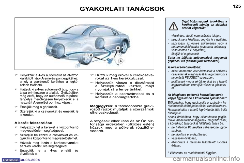 Peugeot 307 CC 2004.5  Kezelési útmutató (in Hungarian) �1�2�4
�3�0�-�0�8�-�2�0�0�4
�1�2�5
�3�0�-�0�8�-�2�0�0�4
�G�Y�A�K�O�R�L�A�T�I� �T�A�N�Á�C�S�O�K
�F�  �H�e�l�y�e�z�z�ü�k�  �a�  �4�-�e�s�  �a�u�t�ó�e�m�e�l5�t�  �a�z�  �a�l�v�á�z�o�n� 
�k�i�a�l�a�k