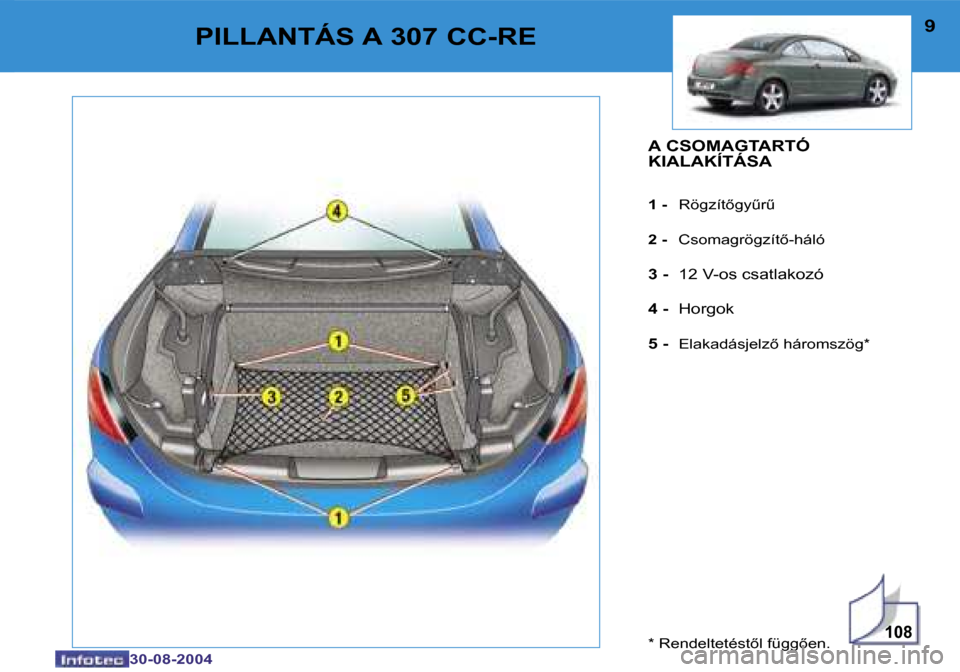 Peugeot 307 CC 2004.5  Kezelési útmutató (in Hungarian) �1�0�8
�8
�3�0�-�0�8�-�2�0�0�4
�9
�3�0�-�0�8�-�2�0�0�4
�P�I�L�L�A�N�T�Á�S� �A� �3�0�7� �C�C�-�R�E�A� �C�S�O�M�A�G�T�A�R�T�Ó�  
�K�I�A�L�A�K�Í�T�Á�S�A
�1� �-� �R�ö�g�z�í�t�g�yC�rC
�2� �-�  �C