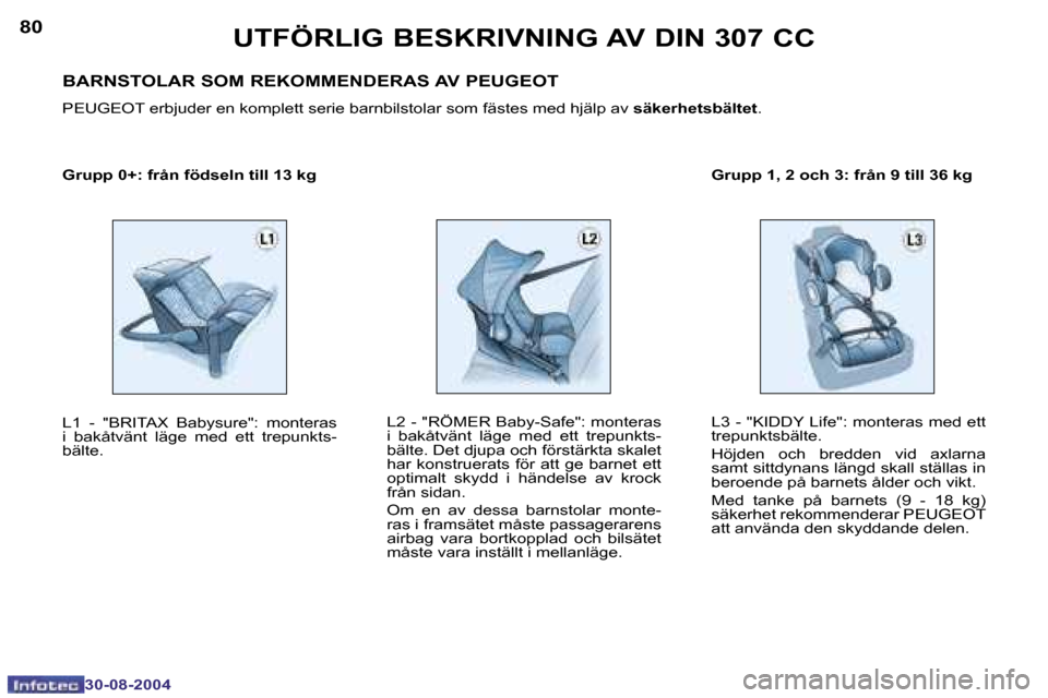 Peugeot 307 CC 2004.5  Ägarmanual (in Swedish) �8�0
�3�0�-�0�8�-�2�0�0�4
�8�1
�3�0�-�0�8�-�2�0�0�4
�U�T�F�Ö�R�L�I�G� �B�E�S�K�R�I�V�N�I�N�G� �A�V� �D�I�N� �3�0�7� �C�C
�G�r�u�p�p� �0�+�:� �f�r�å�n� �f�ö�d�s�e�l�n� �t�i�l�l� �1�3� �k�g�G�r�u�p�p