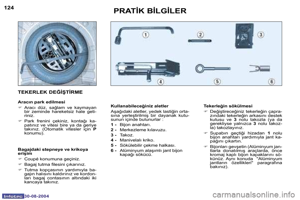 Peugeot 307 CC 2004.5  Kullanım Kılavuzu (in Turkish) �1�2�4
�3�0�-�0�8�-�2�0�0�4
�1�2�5
�3�0�-�0�8�-�2�0�0�4
�P�R�A�T�İ�K� �B�İ�L�G�İ�L�E�R
�K�u�l�l�a�n�a�b�i�l�e�c�e�ğ�i�n�i�z� �a�l�e�t�l�e�r 
�A�ş�a�ğ�ı�d�a�k�i� �a�l�e�t�l�e�r�,� �y�e�d�e�k� �l