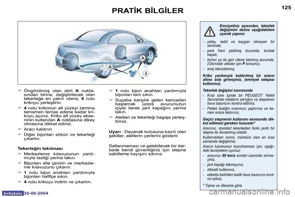 Peugeot 307 CC 2004.5  Kullanım Kılavuzu (in Turkish) �1�2�4
�3�0�-�0�8�-�2�0�0�4
�1�2�5
�3�0�-�0�8�-�2�0�0�4
�P�R�A�T�İ�K� �B�İ�L�G�İ�L�E�R
�F�  �Ö�n�g�ö�r�ü�l�m�ü�ş�  �o�l�a�n�  �d�ö�r�t�  �A�  �n�o�k�t�a�-
�s�ı�n�d�a�n�  �b�i�r�i�n�e�,�  �d�