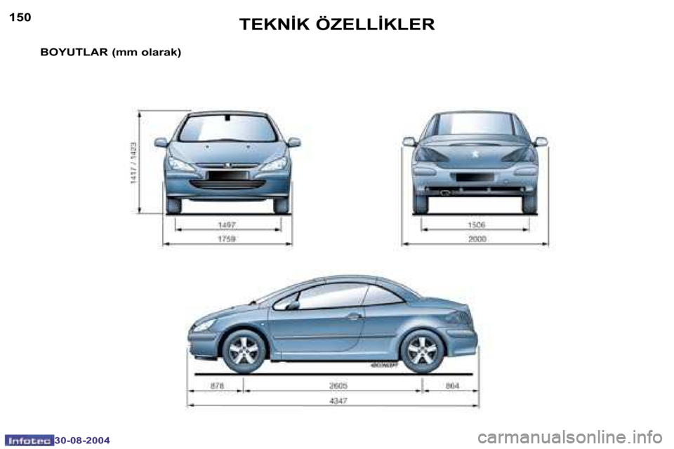 Peugeot 307 CC 2004.5  Kullanım Kılavuzu (in Turkish) �1�5�0
�3�0�-�0�8�-�2�0�0�4
�1�5�1
�3�0�-�0�8�-�2�0�0�4
�T�E�K�N�İ�K� �Ö�Z�E�L�L�İ�K�L�E�R
�B�O�Y�U�T�L�A�R� �(�m�m� �o�l�a�r�a�k�)  