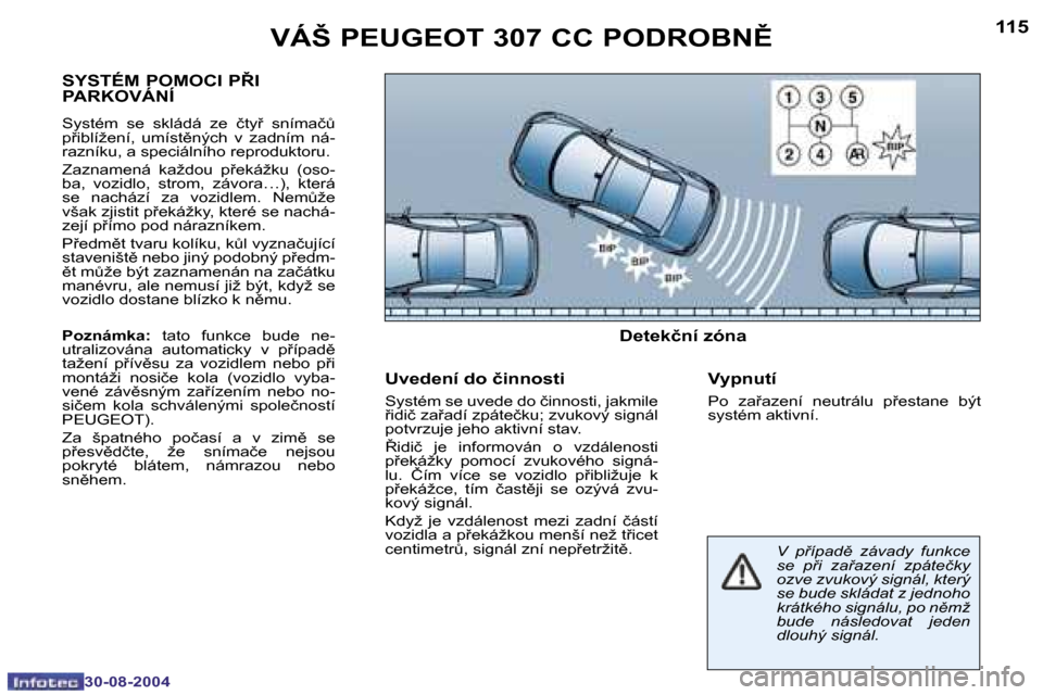 Peugeot 307 CC 2004.5  Návod k obsluze (in Czech) �1�1�4
�3�0�-�0�8�-�2�0�0�4
�1�1�5
�3�0�-�0�8�-�2�0�0�4
�V�Á�Š� �P�E�U�G�E�O�T� �3�0�7� �C�C� �P�O�D�R�O�B�N(
�S�Y�S�T�É�M� �P�O�M�O�C�I� �P8�I�  
�P�A�R�K�O�V�Á�N�Í
�S�y�s�t�é�m�  �s�e�  �s�k