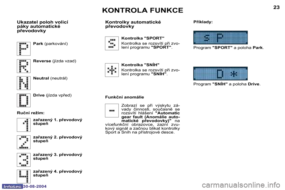 Peugeot 307 CC 2004.5  Návod k obsluze (in Czech) �2�2
�3�0�-�0�8�-�2�0�0�4
�2�3
�3�0�-�0�8�-�2�0�0�4
�K�O�N�T�R�O�L�A� �F�U�N�K�C�E
�P�a�r�k� �(�p�a�r�k�o�v�á�n�í�)
�U�k�a�z�a�t�e�l� �p�o�l�o�h� �v�o�l�i�c�í�  
�p�á�k�y� �a�u�t�o�m�a�t�i�c�k�é�