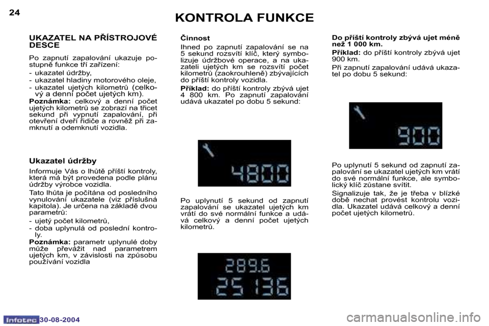 Peugeot 307 CC 2004.5  Návod k obsluze (in Czech) �2�4
�3�0�-�0�8�-�2�0�0�4
�2�5
�3�0�-�0�8�-�2�0�0�4
�K�O�N�T�R�O�L�A� �F�U�N�K�C�E
�U�K�A�Z�A�T�E�L� �N�A� �P8�Í�S�T�R�O�J�O�V�É�  
�D�E�S�C�E
�P�o�  �z�a�p�n�u�t�í�  �z�a�p�a�l�o�v�á�n�í�  �u�k