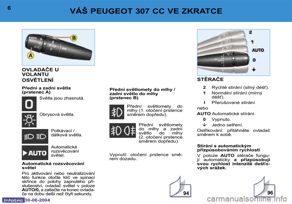 Peugeot 307 CC 2004.5  Návod k obsluze (in Czech) �9�4�9�6
�6
�3�0�-�0�8�-�2�0�0�4
�7
�3�0�-�0�8�-�2�0�0�4
�V�Á�Š� �P�E�U�G�E�O�T� �3�0�7� �C�C� �V�E� �Z�K�R�A�T�C�E�S�T(�R�A�Č�E
�  �2�  �R�y�c�h�l�é� �s�t�í�r�á�n�í� �(�s�i�l�n�ý� �d�é�š"