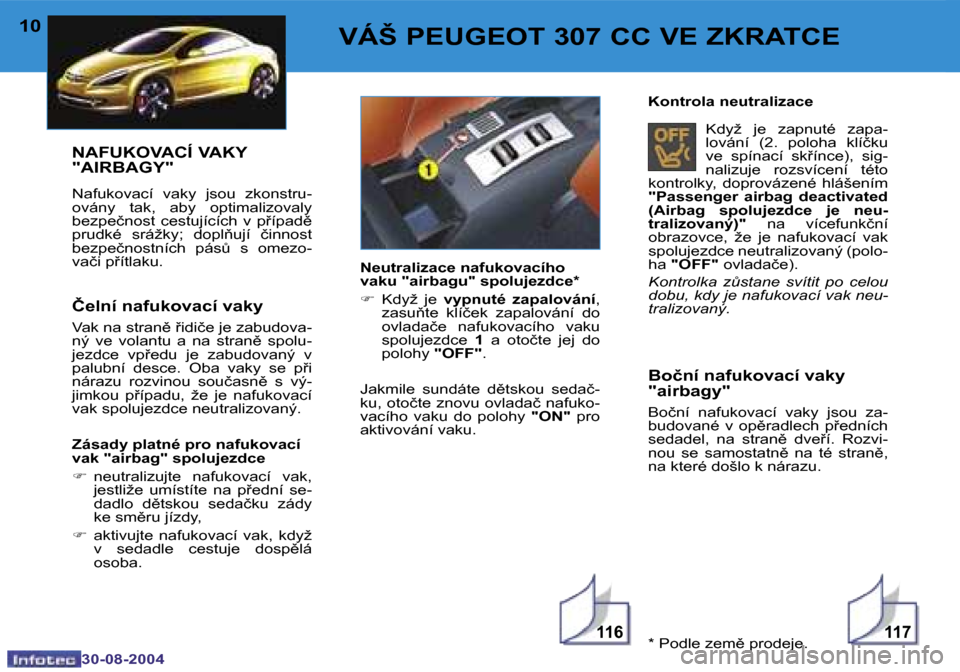 Peugeot 307 CC 2004.5  Návod k obsluze (in Czech) �1�1�6�1�1�7
�1�0
�3�0�-�0�8�-�2�0�0�4
�1�1
�3�0�-�0�8�-�2�0�0�4
�V�Á�Š� �P�E�U�G�E�O�T� �3�0�7� �C�C� �V�E� �Z�K�R�A�T�C�E
�B�o�č�n�í� �n�a�f�u�k�o�v�a�c�í� �v�a�k�y�  
�"�a�i�r�b�a�g�y�"
�B�o��