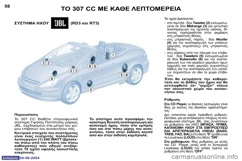 Peugeot 307 CC 2004.5  Εγχειρίδιο χρήσης (in Greek) �5�8
�3�0�-�0�8�-�2�0�0�4
	"� �3�0�7� �C�C� 