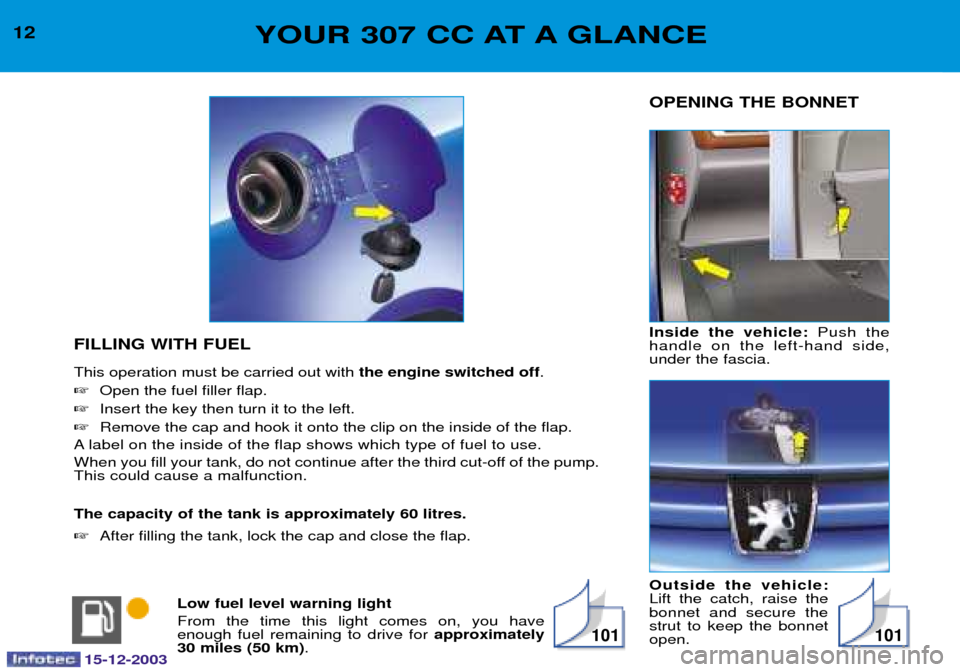 Peugeot 307 CC 2003.5  Owners Manual 101101
12YOUR 307 CC AT A GLANCE
Outside the vehicle: 
9
  ! 
 
 "  
  %  
-
OPENING THE BONNET
FILLING WITH FUEL <

