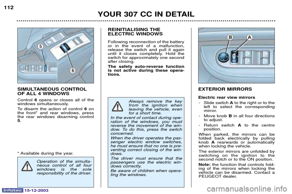Peugeot 307 CC 2003.5  Owners Manual 15-12-2003
YOUR 307 CC IN DETAIL
112
EXTERIOR MIRRORS Electric rear view mirrors 

 	 A		
	  		 	 	 



 K	!# B	