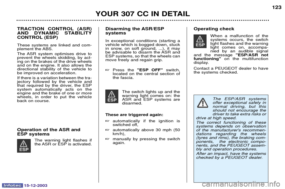 Peugeot 307 CC 2003.5  Owners Manual 15-12-2003
YOUR 307 CC IN DETAIL123
TRACTION CONTROL (ASR) 
AND DYNAMIC STABILITY
CONTROL (ESP) 
		 	
 	 !	  
 
	
		@ 
	 , 	
 
	 	  
		