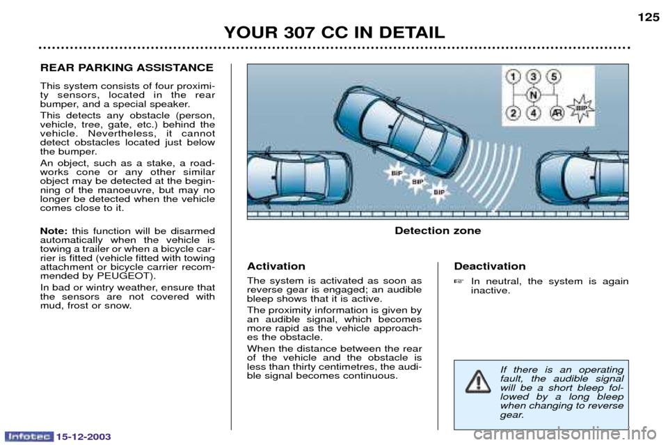 Peugeot 307 CC 2003.5  Owners Manual 15-12-2003
YOUR 307 CC IN DETAIL125
REAR PARKING ASSISTANCE 
	
%

 
 	$ 	  	 	
#
	$		!	 
 		  #	  