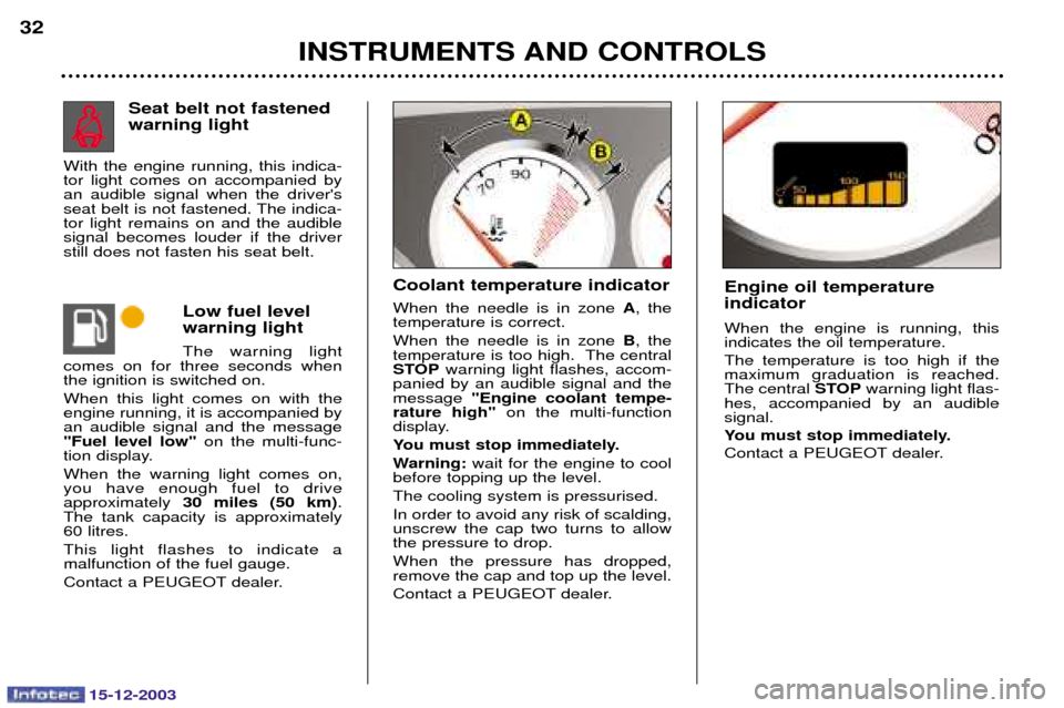 Peugeot 307 CC 2003.5 Owners Guide 15-12-2003
INSTRUMENTS AND CONTROLS
32
Low fuel level warning light 
%  

! 
 
  
  


 
+   
! 
   