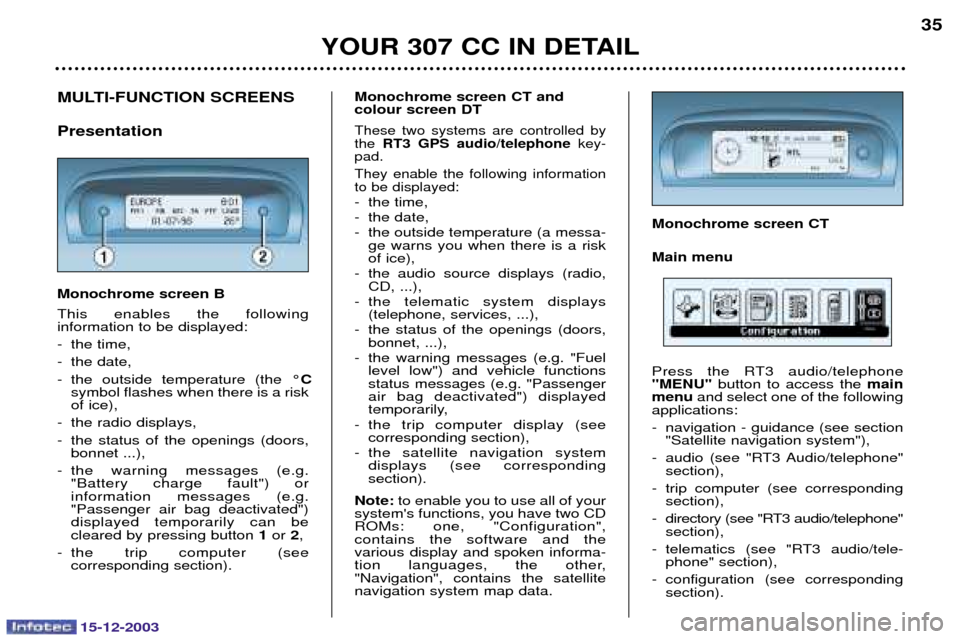 Peugeot 307 CC 2003.5  Owners Manual 15-12-2003
YOUR 307 CC IN DETAIL35
MULTI-FUNCTION SCREENS Presentation Monochrome screen B  
 	
  


 



	
 
 
 
  
 