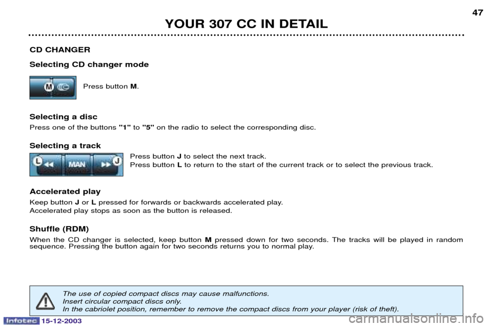Peugeot 307 CC 2003.5 Service Manual 15-12-2003
YOUR 307 CC IN DETAIL47
CD CHANGER Selecting CD changer mode  	
M
Selecting a disc 
 

	
 "1" 
"5" 






Selecting 