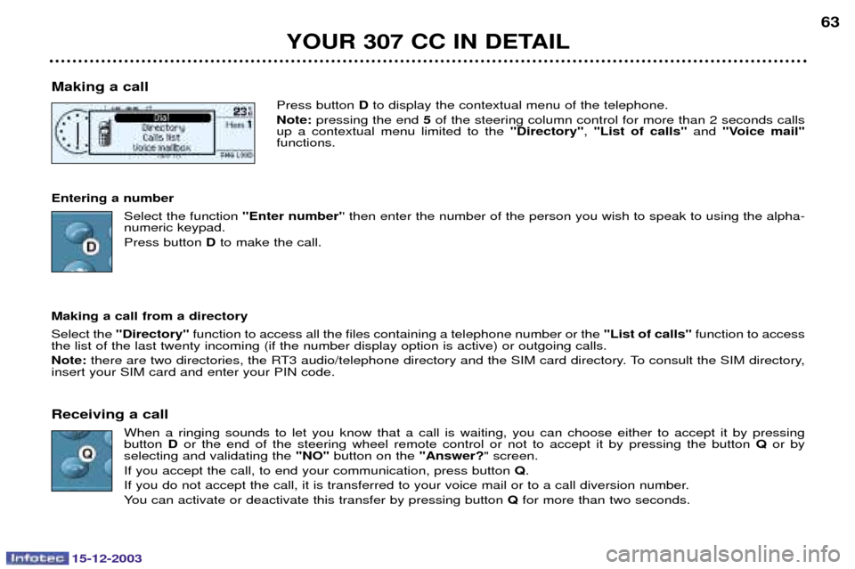 Peugeot 307 CC 2003.5 Repair Manual 15-12-2003
YOUR 307 CC IN DETAIL63
Making a call  	
D


9




Note:   5





/



