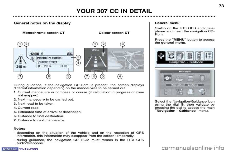 Peugeot 307 CC 2003.5  Owners Manual 15-12-2003
YOUR 307 CC IN DETAIL73
,
)!
+5
 
  

G  !
 	
  
 
   "Navigation - Guidance"  
General menu 
