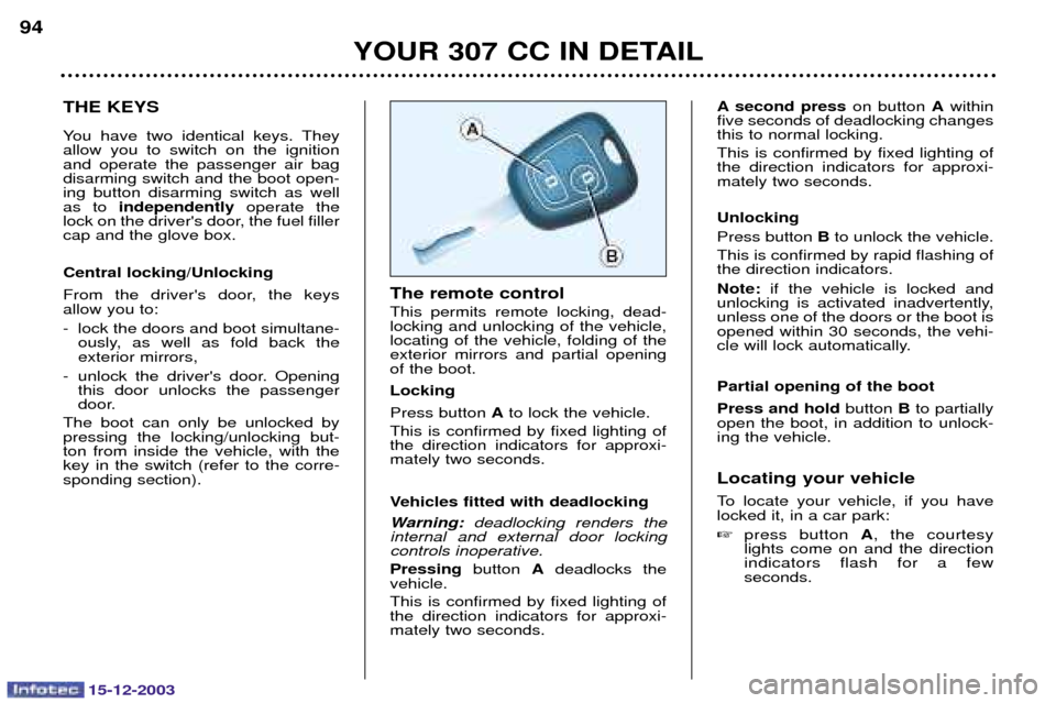 Peugeot 307 CC 2003.5 Owners Manual 15-12-2003
YOUR 307 CC IN DETAIL
94
THE KEYS 
? 	  	 !	 	 
     	 
 		 	 		  #

	#	