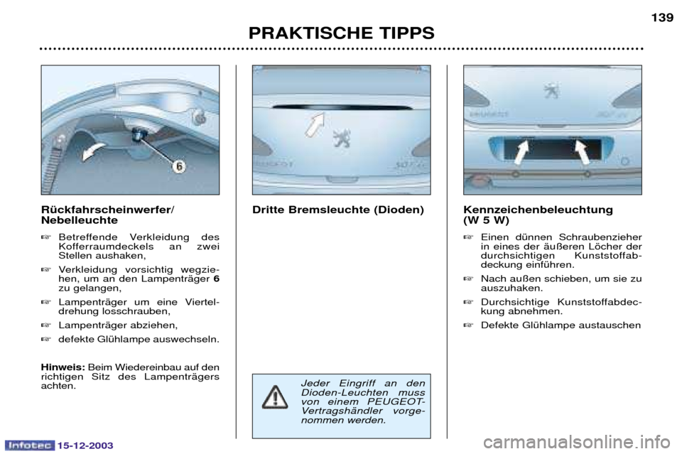 Peugeot 307 CC 2003.5  Betriebsanleitung (in German) 15-12-2003
PRAKTISCHE TIPPS139
Kennzeichenbeleuchtung  (W 5 W) 
"

 	


 

$ 

 
 	 #
   	
	
 

	


& 9#
