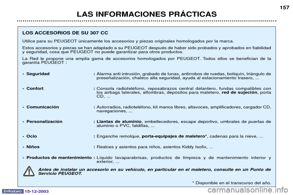 Peugeot 307 CC 2003.5  Manual del propietario (in Spanish) 15-12-2003
LAS INFORMACIONES PRçCTICAS157
LOS ACCESORIOS DE SU 307 CC 
=61=81:> !

			/	
0			
		 
1			/0