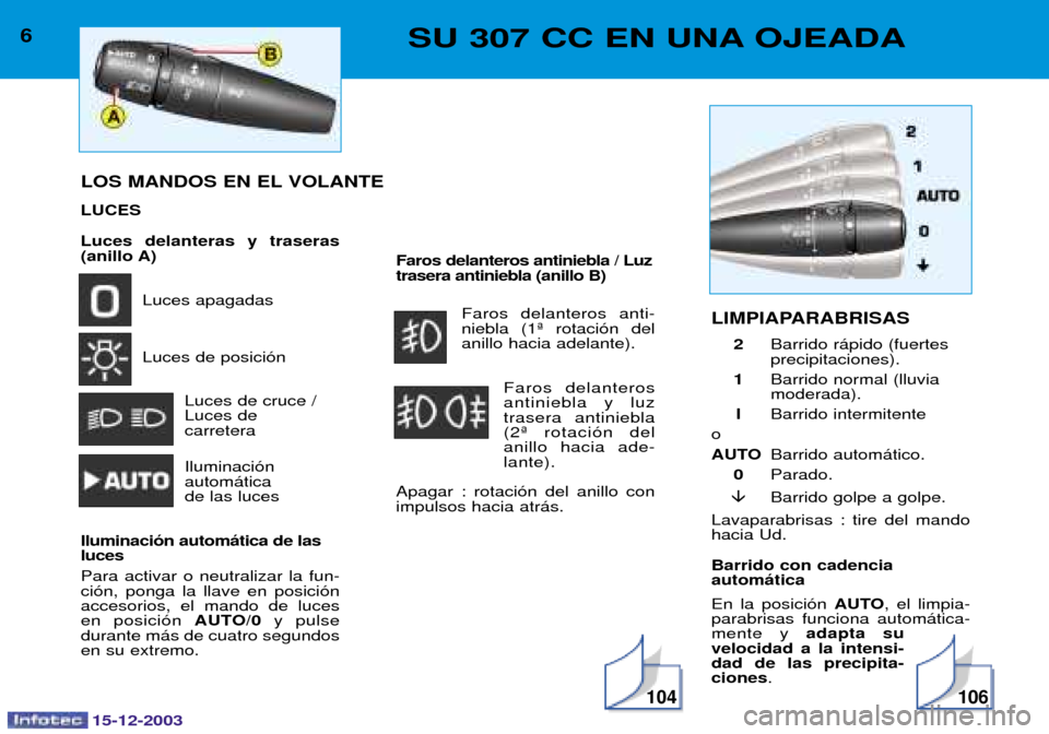 Peugeot 307 CC 2003.5  Manual del propietario (in Spanish) 15-12-2003
104106
6SU 307 CC EN UNA OJEADA
Luces delanteras y traseras (anillo A)>$#) 
>$#>$ $/ 
>$    C$ $%
$
Iluminaci�
