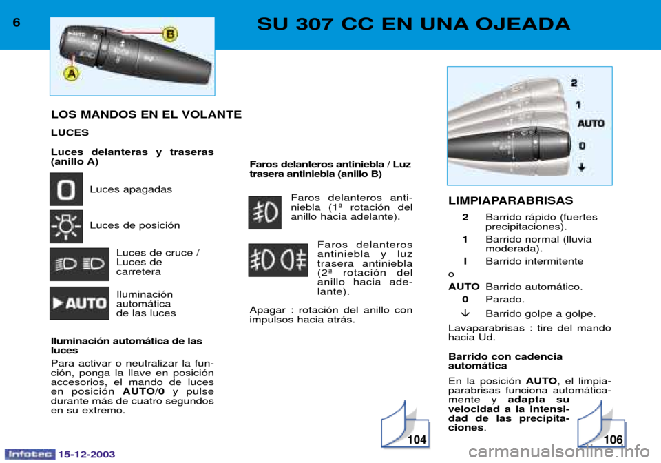 Peugeot 307 CC 2003.5  Manual del propietario (in Spanish) 15-12-2003
104106
6SU 307 CC EN UNA OJEADA
Luces delanteras y traseras (anillo A)>$#) 
>$#>$ $/ 
>$    C$ $%
$
Iluminaci