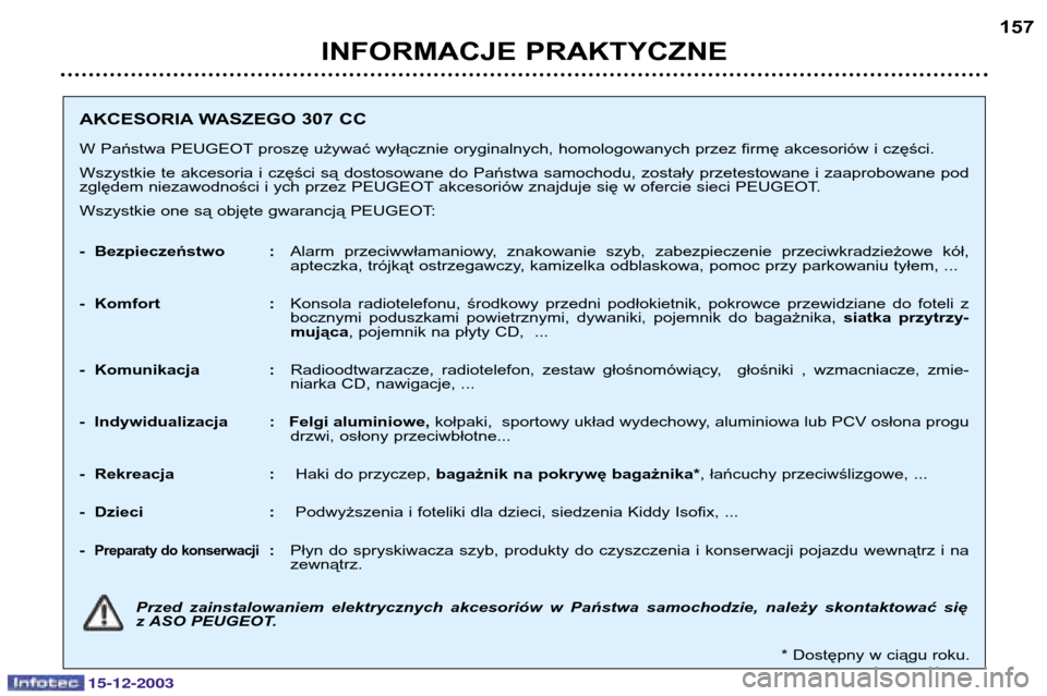 Peugeot 307 CC 2003.5  Instrukcja Obsługi (in Polish) 15-12-2003
INFORMACJE PRAKTYCZNE157
AKCESORIA WASZEGO 307 CC 
W Państwa PEUGEOT proszę używać wyłącznie oryginalnych, homologowanych przez firmę akcesoriów i części. 
Wszystkie  te  akcesori