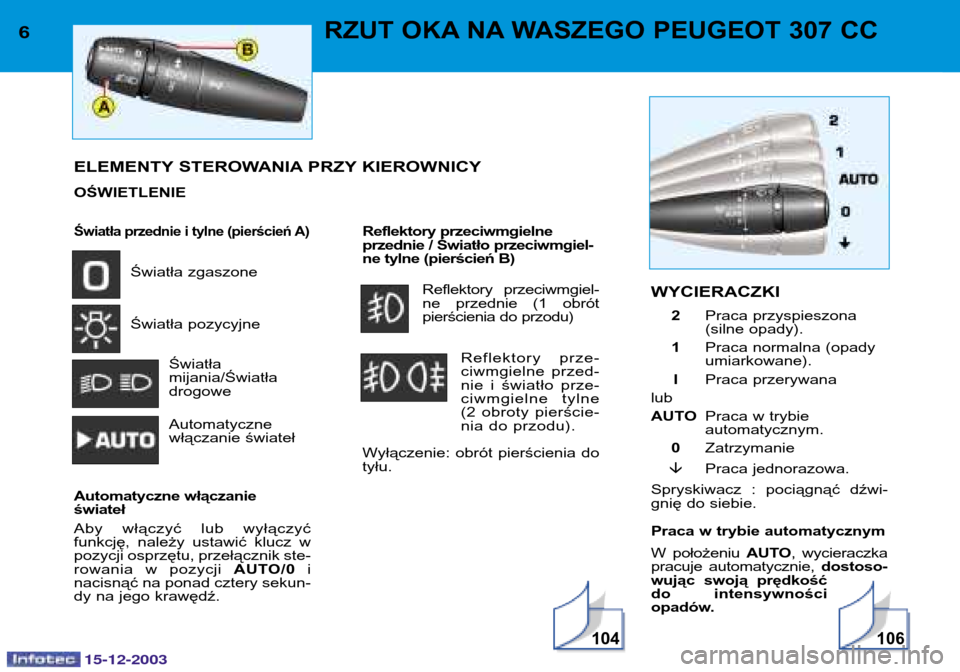 Peugeot 307 CC 2003.5  Instrukcja Obsługi (in Polish) 15-12-2003
104106
6RZUT OKA NA WASZEGO PEUGEOT 307 CC 
Światła przednie i tylne (pierścień A)
Światła zgaszone 
Światła pozycyjne Światła mijania/Światładrogowe Automatyczne 
włączanie 