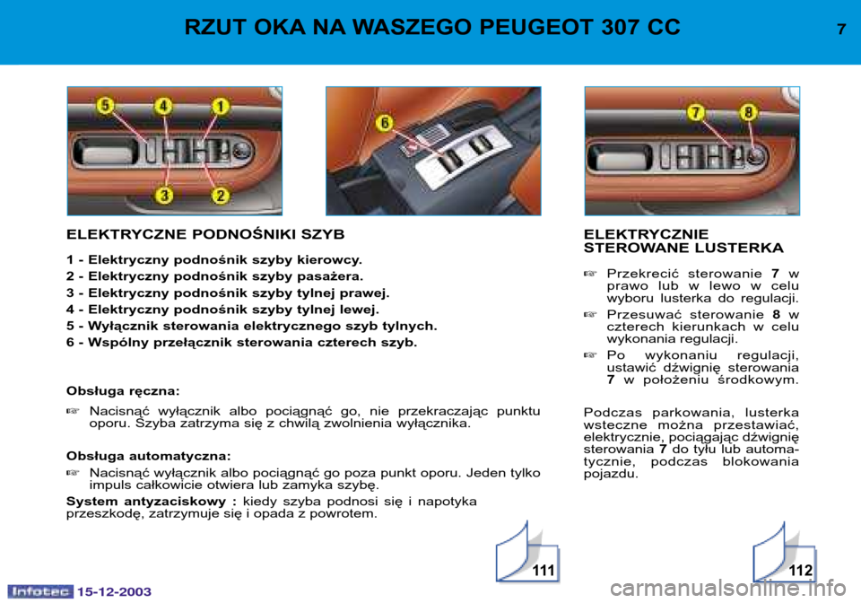 Peugeot 307 CC 2003.5  Instrukcja Obsługi (in Polish) 15-12-2003
11 2
7RZUT OKA NA WASZEGO PEUGEOT 307 CC 
ELEKTRYCZNE PODNOŚNIKI SZYB 
1 - Elektryczny podnośnik szyby kierowcy. 
2 - Elektryczny podnośnik szyby pasażera.
3 - Elektryczny podnośnik sz