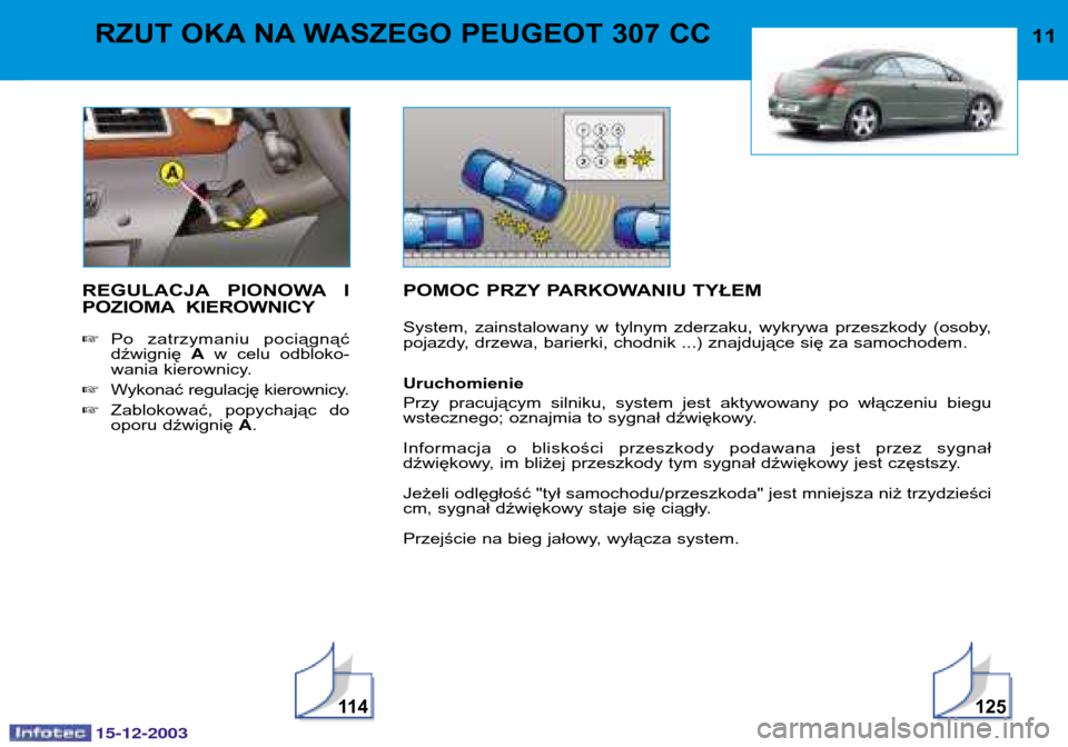 Peugeot 307 CC 2003.5  Instrukcja Obsługi (in Polish) 15-12-2003
11 4125
11RZUT OKA NA WASZEGO PEUGEOT 307 CC 
REGULACJA PIONOWA I 
POZIOMA KIEROWNICY Po  zatrzymaniu  pociągnąć dźwignię  Aw  celu  odbloko-
wania kierownicy.
 Wykonać regulację k