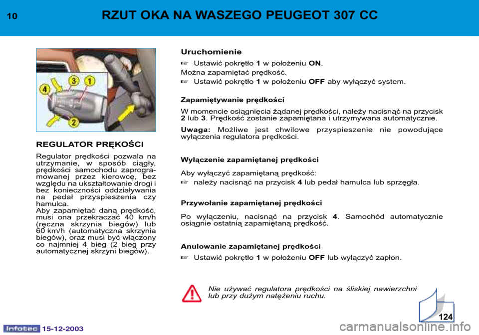 Peugeot 307 CC 2003.5  Instrukcja Obsługi (in Polish) 15-12-2003
124
10RZUT OKA NA WASZEGO PEUGEOT 307 CC 
REGULATOR PRĘKOŚCI 
Regulator  prędkości  pozwala  na 
utrzymanie,  w  sposób  ciągły,
prędkości  samochodu  zaprogra-
mowanej  przez  kie