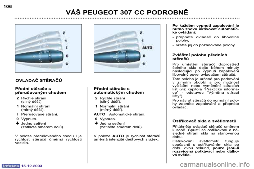 Peugeot 307 CC 2003.5  Návod k obsluze (in Czech) 15-12-2003
VÁŠ PEUGEOT 307 CC PODROBNĚ
106
Po  každém  vypnutí  zapalování  je 
nutno  znovu  aktivovat  automatic-
ké ovládání: 
- přepněte  ovladač  do  libovolné
polohy,
- vraťte j