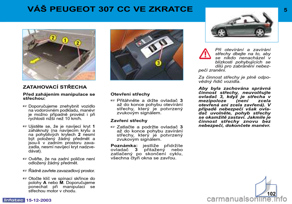 Peugeot 307 CC 2003.5  Návod k obsluze (in Czech) 15-12-2003
102
5VÁŠ PEUGEOT 307 CC VE ZKRATCE
ZATAHOVACÍ STŘECHA 
Před zahájením manipulace se střechou:
Doporučujeme  znehybnit  vozidlo
na vodorovném podkladu, manévr
je  možno  přípa