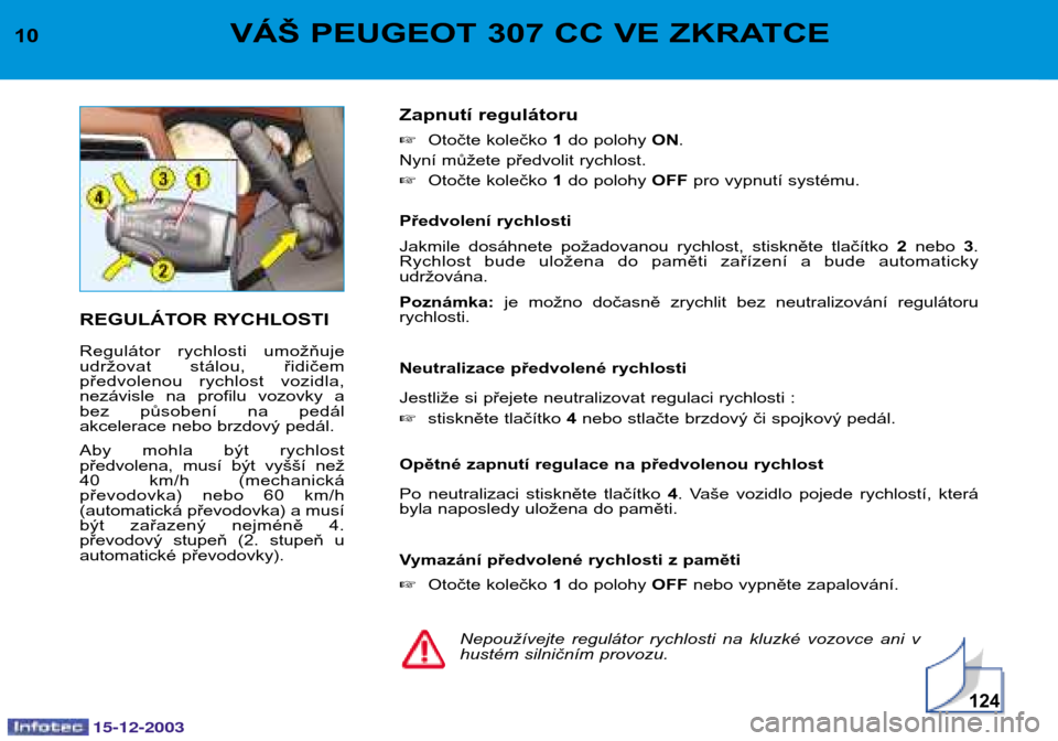 Peugeot 307 CC 2003.5  Návod k obsluze (in Czech) 15-12-2003
124
10VÁŠ PEUGEOT 307 CC VE ZKRATCE
REGULÁTOR RYCHLOSTI 
Regulátor  rychlosti  umožňuje 
udržovat  stálou,  řidičem
předvolenou  rychlost  vozidla,
nezávisle  na  profilu  vozov