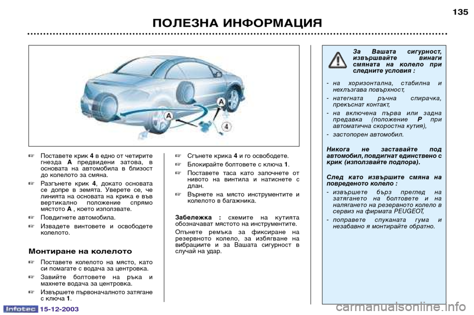 Peugeot 307 CC 2003.5  Ръководство за експлоатация (in Bulgarian) 15-12-2003
ПОЛЕЗНА ИНФОРМАЦИЯ135

Поставете крик  4в едно от четирите
гнезда  Aпредвидени  затова,  в
основата  на  ав