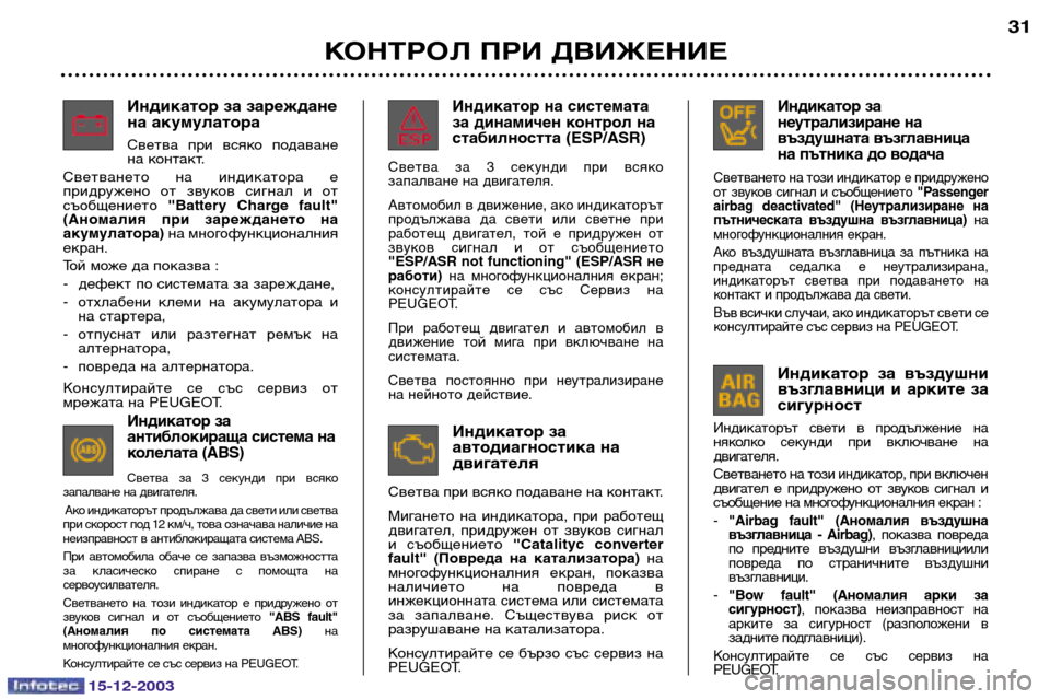 Peugeot 307 CC 2003.5  Ръководство за експлоатация (in Bulgarian) 15-12-2003
Индикатор за 
антиблокираща система на
колелата (ABS) 
Светва  за  3  секунди  при  всяко
запалване на двига�