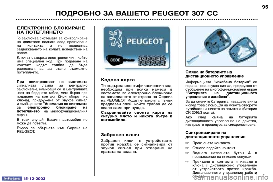 Peugeot 307 CC 2003.5  Ръководство за експлоатация (in Bulgarian) 15-12-2003
ПОДРОБНО ЗА ВАШЕТО PEUGEOT 307 СС95
Кодова карта
Тя съдържа идентификационния код, 
необходим  при  всяка  нам