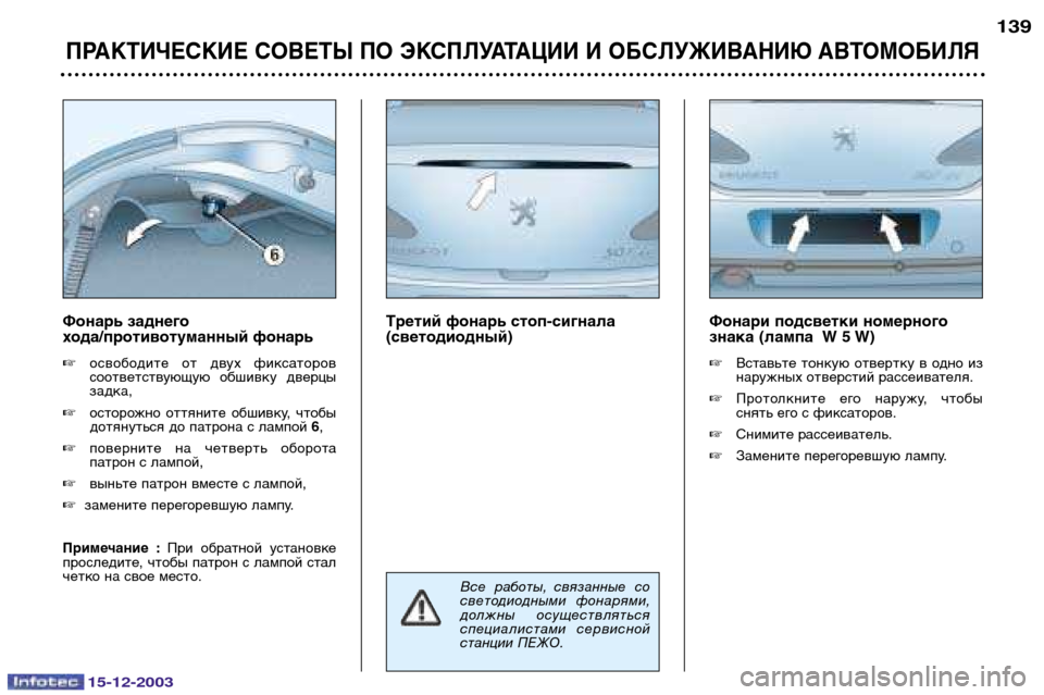 Peugeot 307 CC 2003.5 Инструкция по эксплуатации (in Russian) 15-12-2003
ПРАКТИЧЕСКИЕ СОВЕТЫ ПО ЭКСПЛУАТАЦИИ И ОБСЛУЖИВАНИЮ АВТОМОБИЛЯ
139
Фонари подсветки номерного
знака (ла Peugeot 307 CC 2003.5 Инструкция по эксплуатации (in Russian) 15-12-2003
ПРАКТИЧЕСКИЕ СОВЕТЫ ПО ЭКСПЛУАТАЦИИ И ОБСЛУЖИВАНИЮ АВТОМОБИЛЯ
139
Фонари подсветки номерного
знака (ла