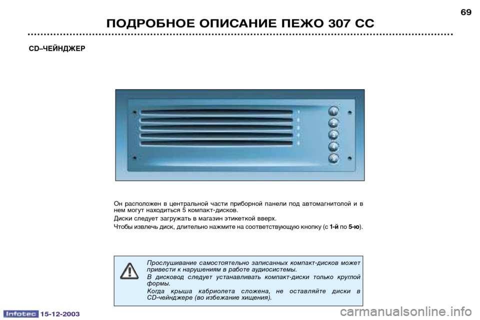 Peugeot 307 CC 2003.5  Инструкция по эксплуатации (in Russian) 15-12-2003
ПОДРОБНОЕ ОПИСАНИЕ ПЕЖО 307 СС69
CD–ЧЕЙНДЖЕР 
Он  расположен  в  центральной  части  приборной  панели  под  