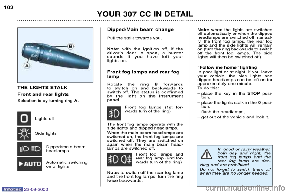 Peugeot 307 CC 2003  Owners Manual 22-09-2003
YOUR 307 CC IN DETAIL
102
THE LIGHTS STALK Front and rear lights Selection is by turning ring 
A.
Lights off Side lights Dipped/main beam headlamps Automatic switching on of lights Dipped/M