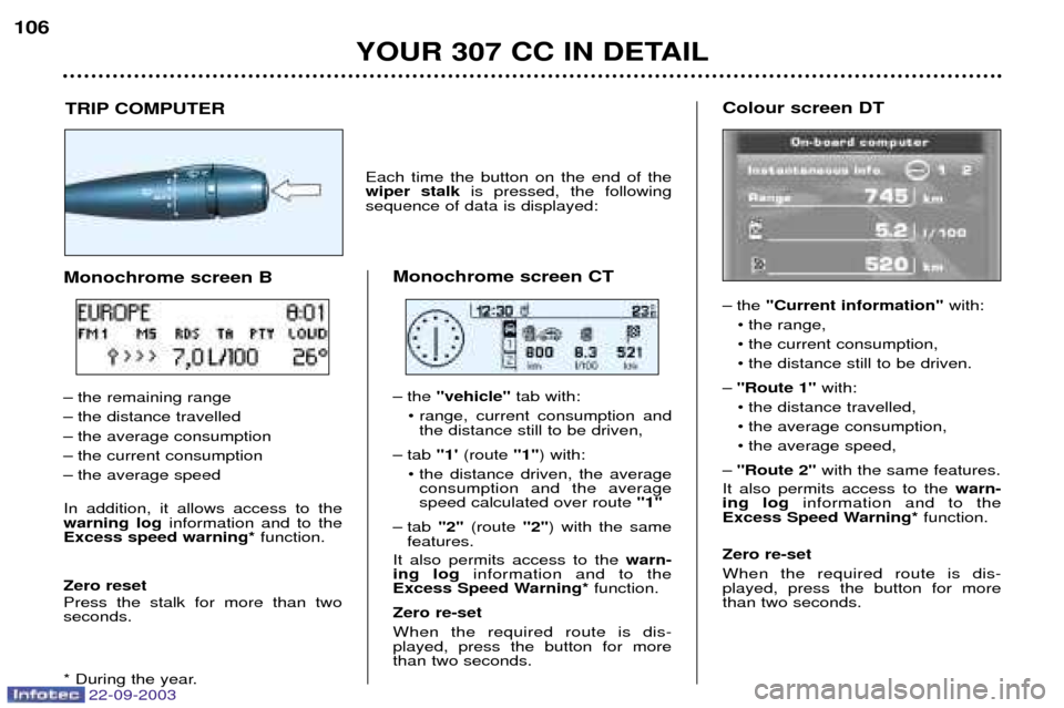 Peugeot 307 CC 2003 Owners Manual 22-09-2003
YOUR 307 CC IN DETAIL
106
Colour screen DT
Ð the
"Current information" with:
¥ the range,
¥ the current consumption,
¥ the distance still to be driven.
Ð "Route 1" with:
¥ the dist Peugeot 307 CC 2003 Owners Manual 22-09-2003
YOUR 307 CC IN DETAIL
106
Colour screen DT
Ð the
"Current information" with:
¥ the range,
¥ the current consumption,
¥ the distance still to be driven.
Ð "Route 1" with:
¥ the dist