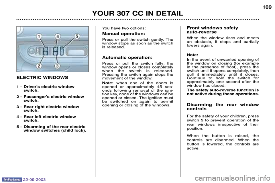 Peugeot 307 CC 2003 Owners Manual 22-09-2003
YOUR 307 CC IN DETAIL109
ELECTRIC WINDOWS
1 - Drivers electric window
switch.
2 - Passengers electric window switch.
3 - Rear right electric window switch.
4 - Rear left electric windo Peugeot 307 CC 2003 Owners Manual 22-09-2003
YOUR 307 CC IN DETAIL109
ELECTRIC WINDOWS
1 - Drivers electric window
switch.
2 - Passengers electric window switch.
3 - Rear right electric window switch.
4 - Rear left electric windo